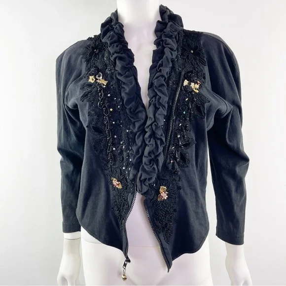 Vintage Phun Shirts of California Black Embroidered & Embellished Ruffle Jacket - Picture 7 of 10